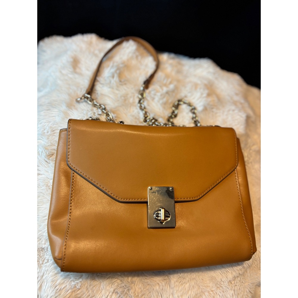 BCBGMAXAZRIA Tan Camel Leather Shoulder Bag Chain Strap Turn Lock Crossbody